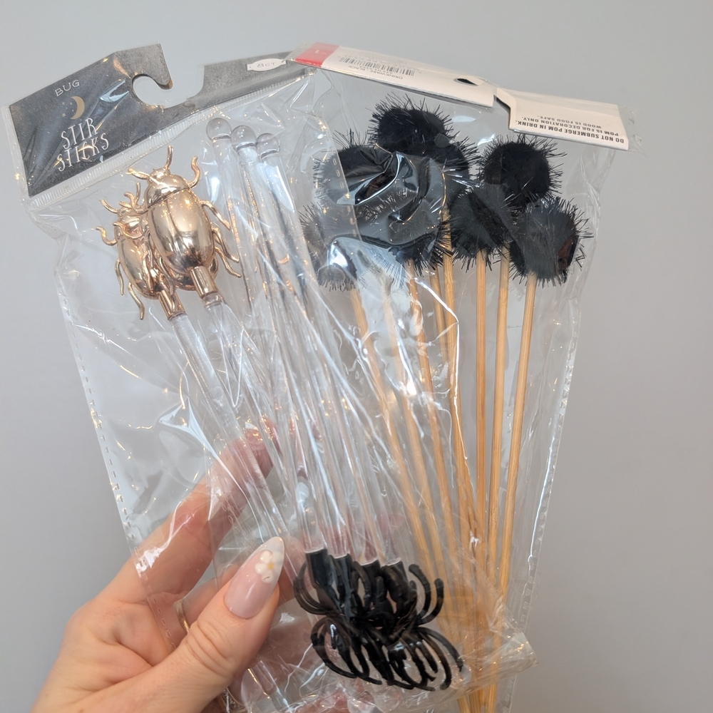 Cocktail Stir Sticks Set with Black Pom & Gold Beetle Accents And Spiders